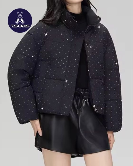 Пуховик со стразами женская куртка блестящая черный пуховик с камнями