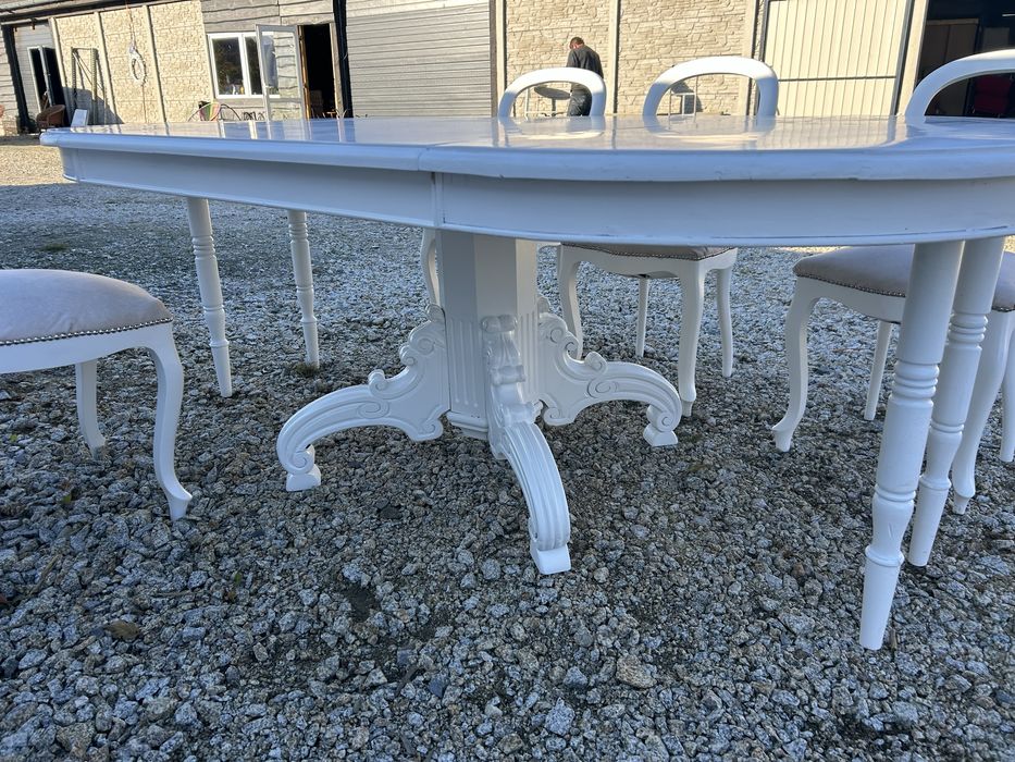 Stylowy stol rozkladany bialy z krzeslami