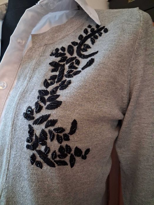 Kardigan, sweterek z haftem, szary, Vintage.