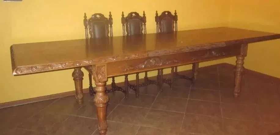 Piękny dębowy stół gdański rzeźbiony rozkładany 100x220-320
