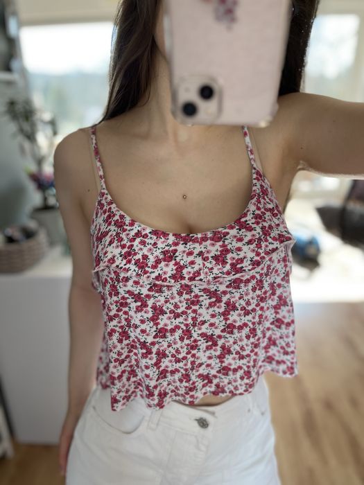 Biały różowy różowo-biały crop top w kwiaty kwiatki rozmiar XS 34