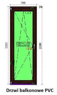 Okno balkonowe PVC wiśnia 760x2200 nowe