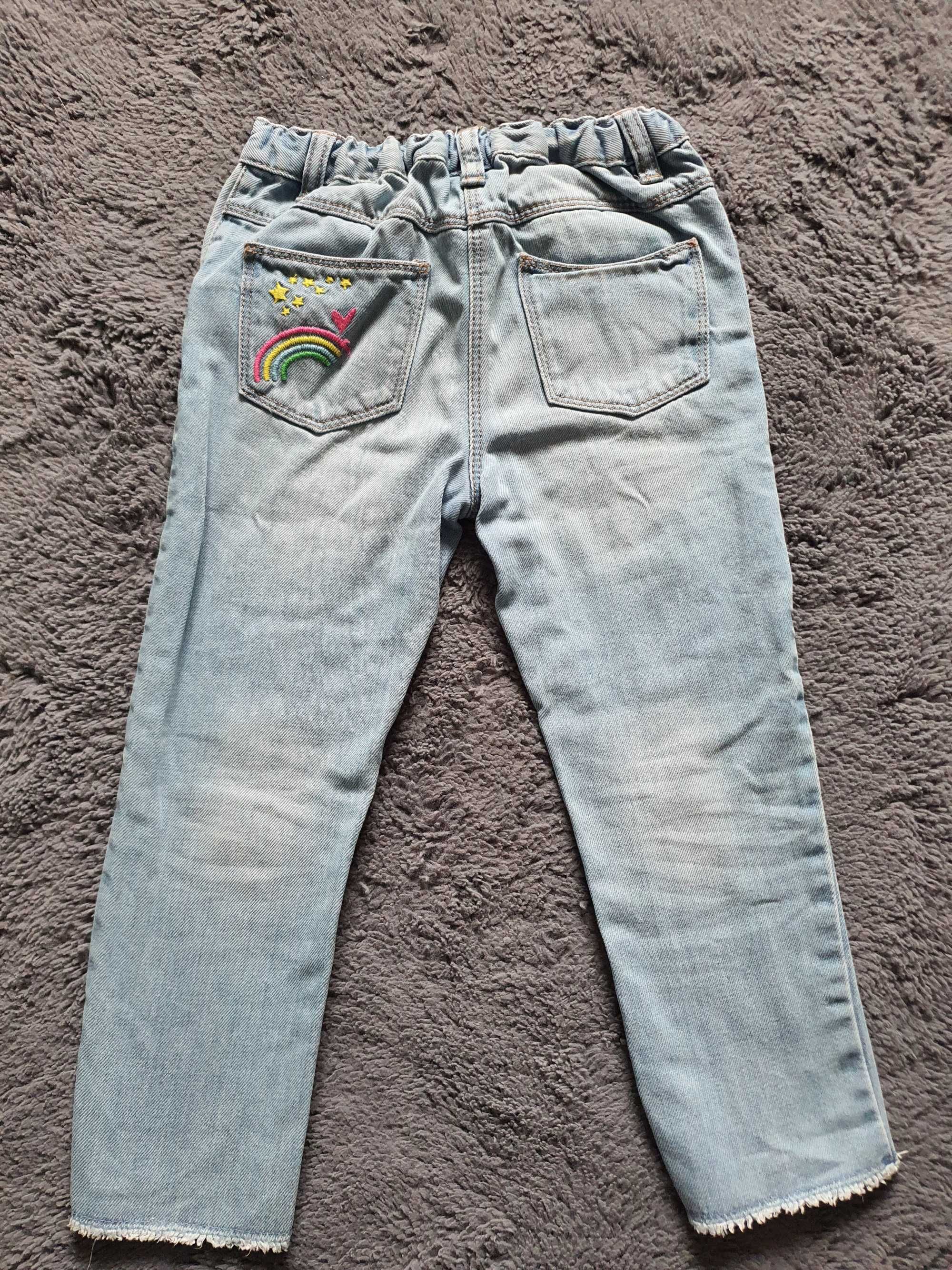 Piękne spodnie jeans NEXT 104cm hafty, tęcza, jednorożec