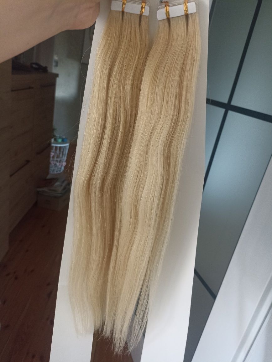 Włosy naturalne tape on słowiańskie jasny blond 50cm 100gram