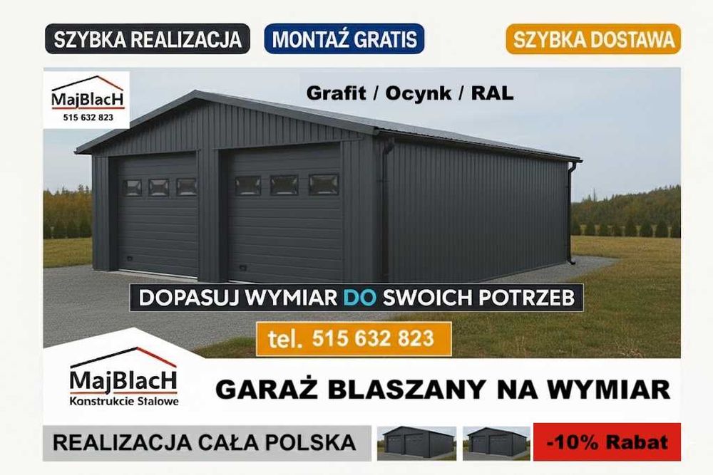 Garaż Blaszany OCYNKOWANY| Konstrukcja Stalowa| Duża Hala - Maj-Blach