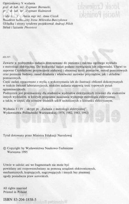 Zbiór zadań z metrologii elektrycznej autor Jacek Zajewski