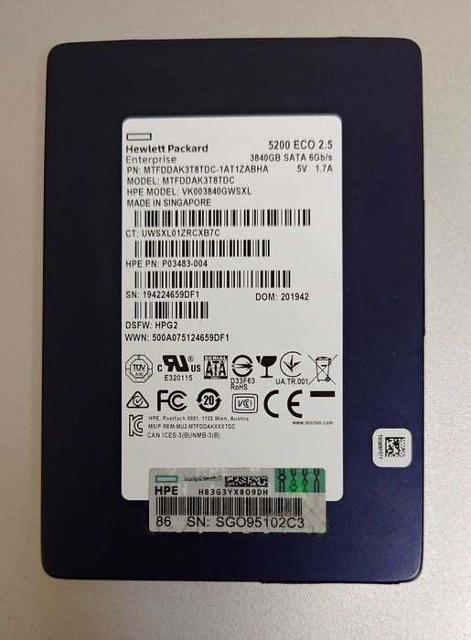 SATA SSD HPE Micron 3,84 Tb 5200 Eco VK003840GWSXL
