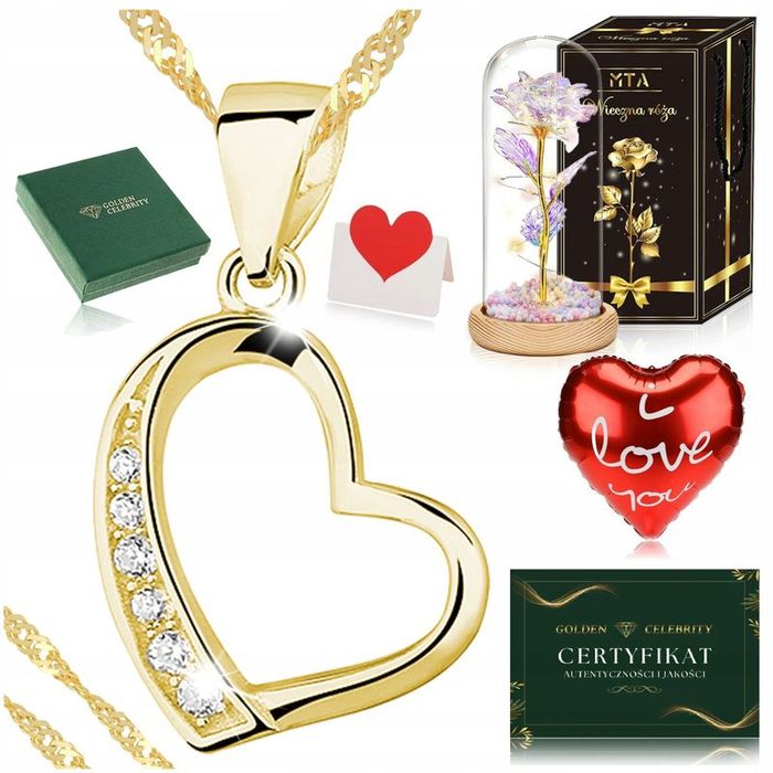 Złoty Naszyjnik Serce Dla Żony 925 Łańcuszek Zawieszka + Róża Wieczna