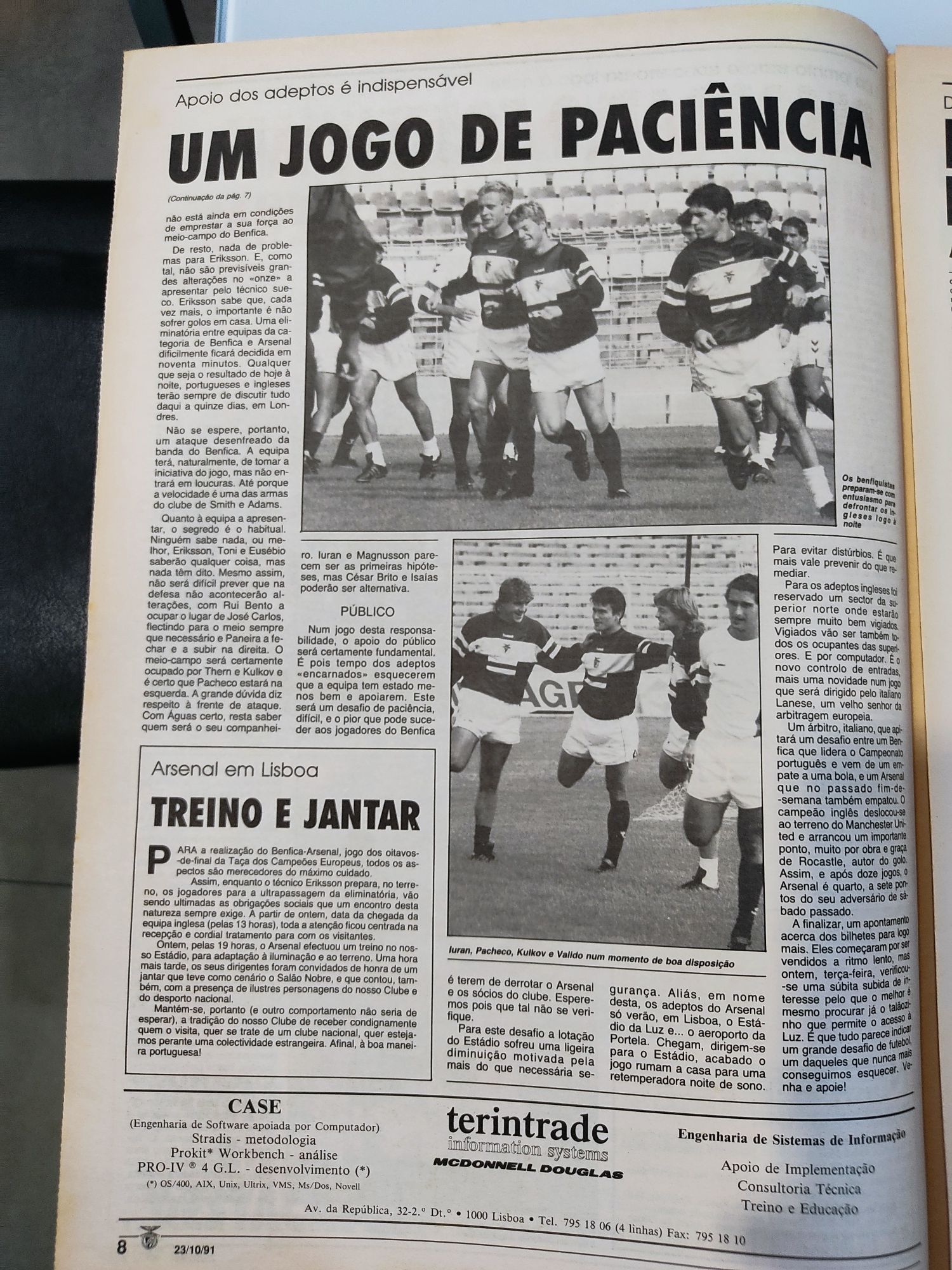 Jornal Benfica sobre jogo com Arsenal taça campeões 1991/92