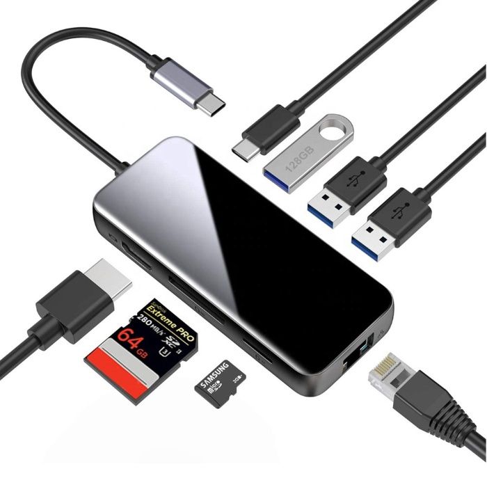 Мультипорт 8в1 USB Type-C to HDMI, Digabit LAN, 3xUSB3.0, Micro/SD, PD