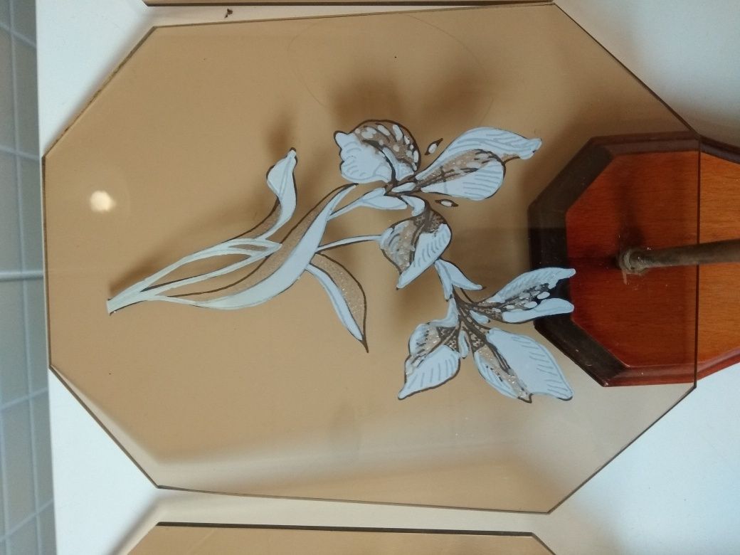 3 lampka kinkiety vintage  PRL z malowanymi szybkami, ręczn