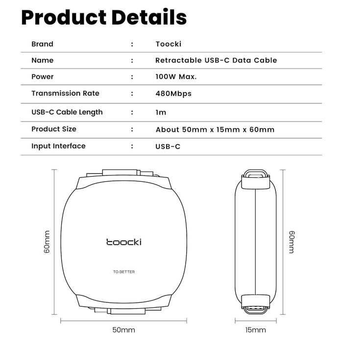Zwijany kabel USB-C 100W 1m z magnetycznym złączem, szybkie ładowanie