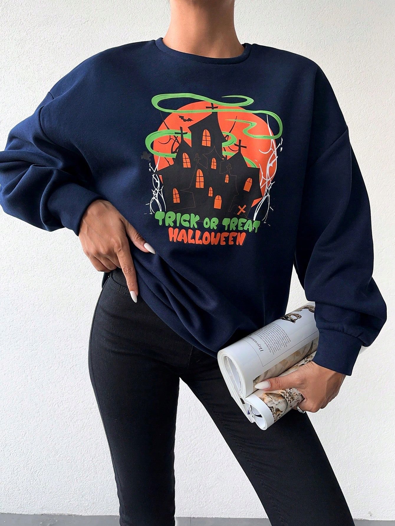 Bluza Z Nadrukiem Halloween Oversize Pullover Granatowa Shein L 40