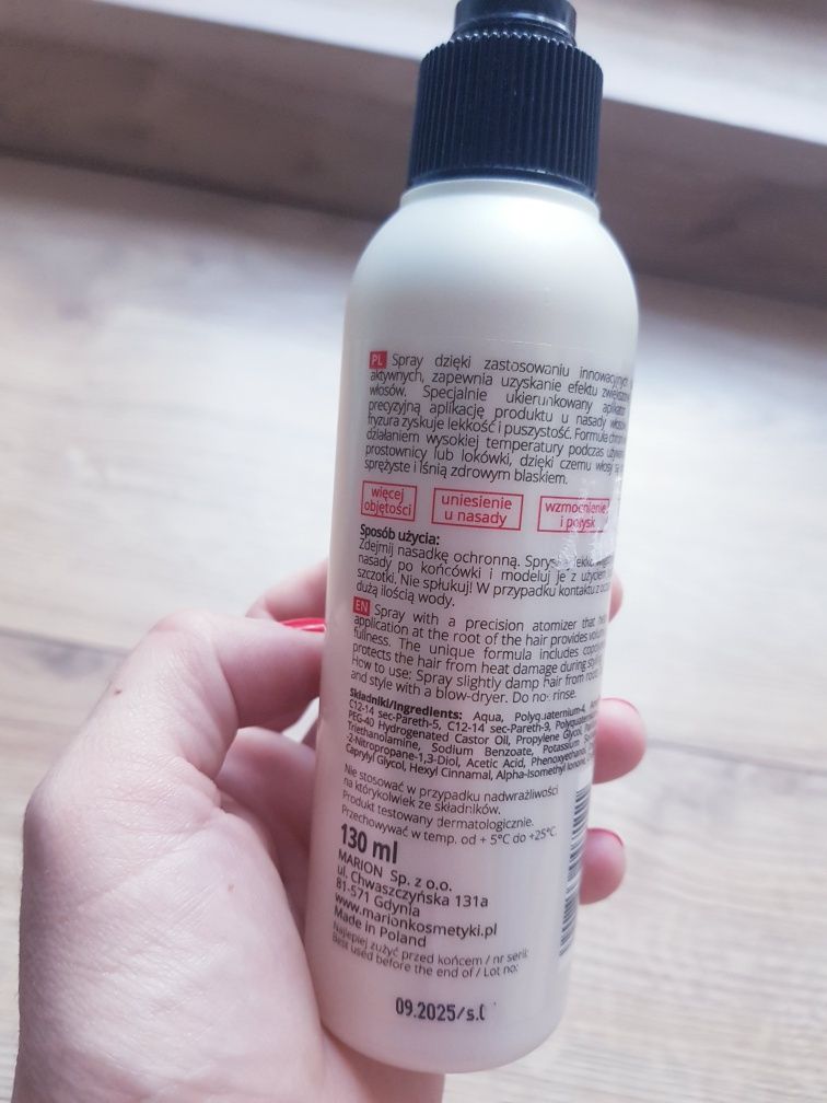 Nowy spray do wlosow dodający objętości marki Marion 130ml