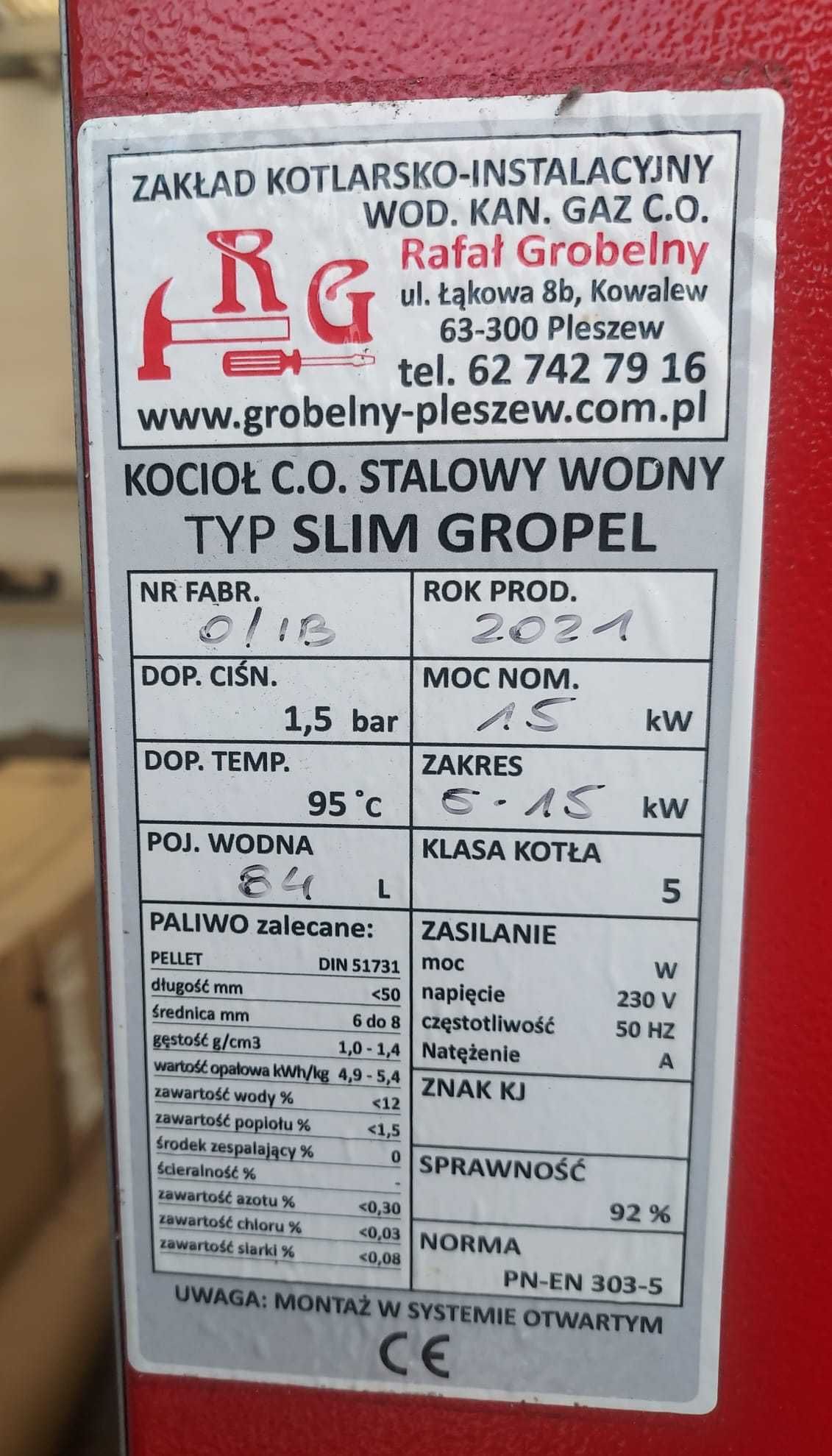 Kocioł z podajnikiem na pellet SLIM GROPEL - 5 Klasa - EcoDesign 15 kW