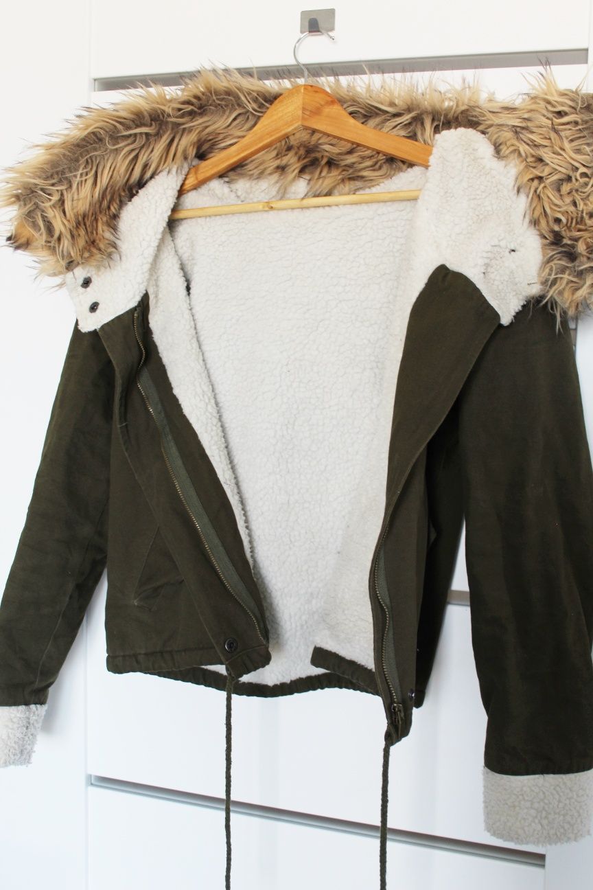 SHEIN kurtka zimowa parka zielona khaki miś futro ocieplana kaptur