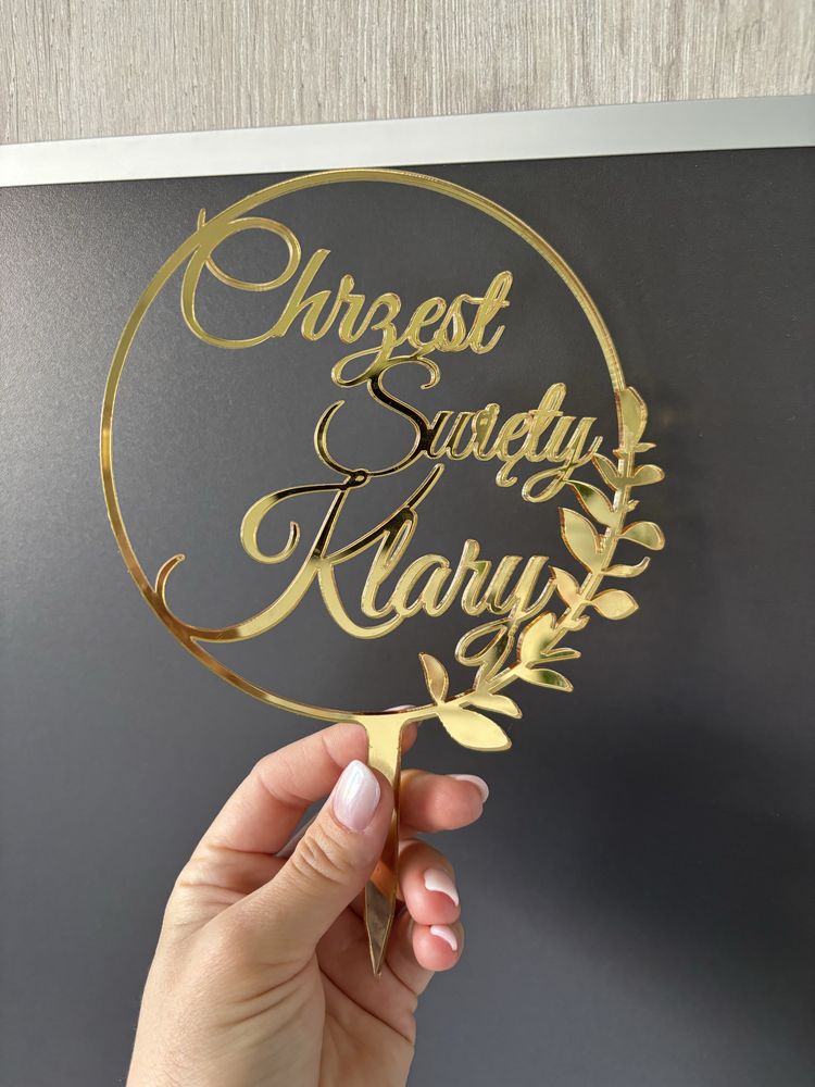 Lustrzany złoty toper na tort „Chrzest Święty Klary”