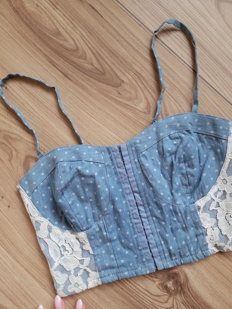 Bawełniany crop top z koronką sexy pin up dots bardotka kropeczki XS S