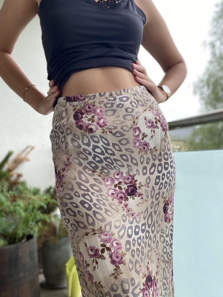 Spódnica panterka z falbanką midi 38 modna wzory
