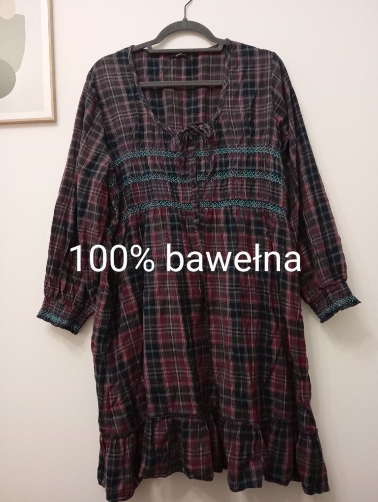 Sukienka w kratkę z falbaną 48 50 bawełna