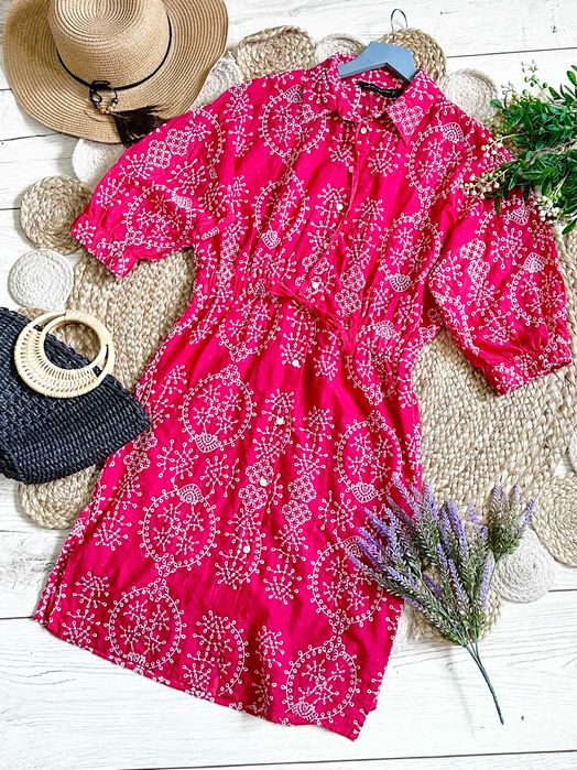 Zara czerwona haftowana sukienka haft boho bohemian rękaw 3/4 XS