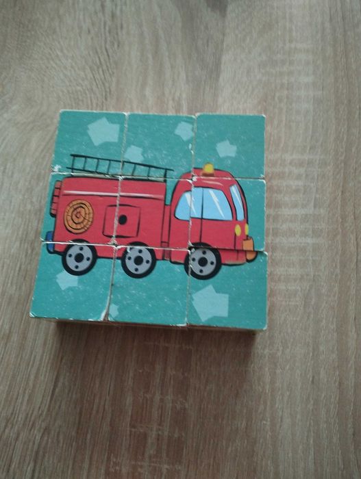 Drewniane puzzle kostki 6w1, pojazdy, wóz strażacki, statek, karetka