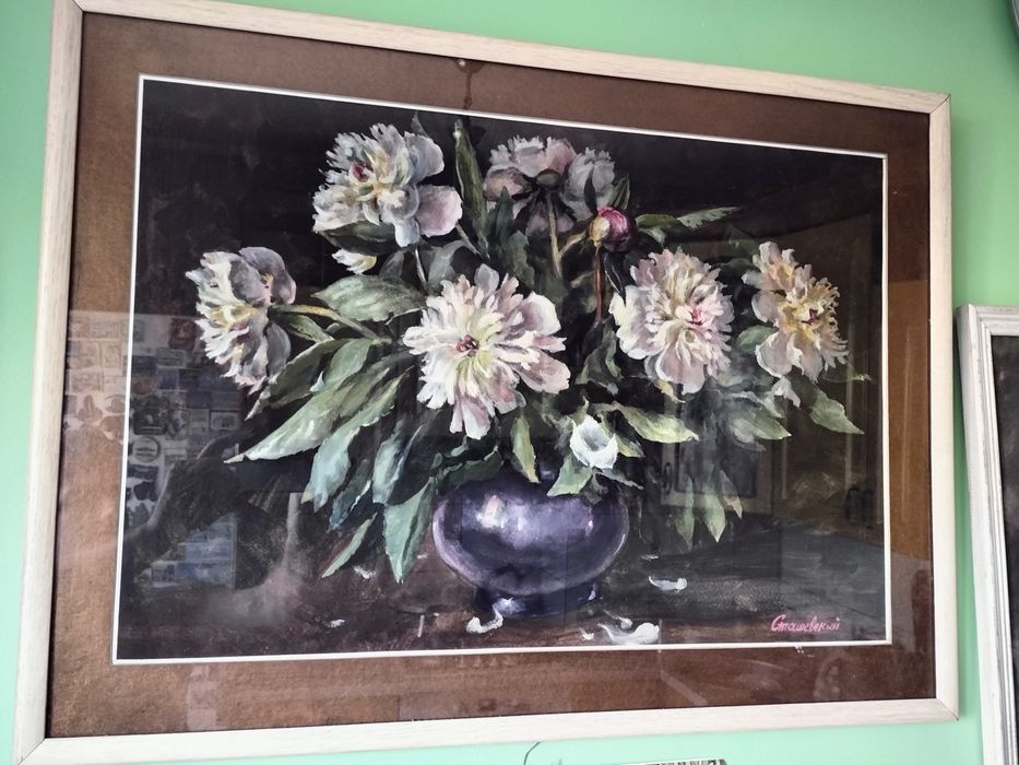 Картина"Белые пионы" гуашь.акварель.1400гр