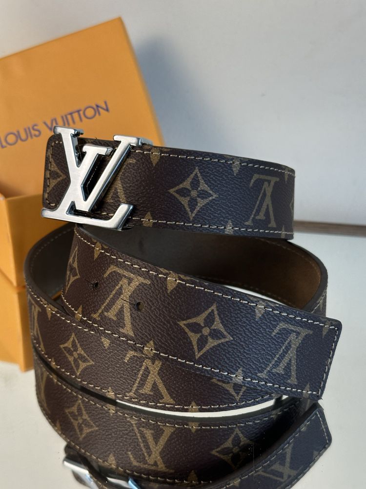 Pasek skórzany Louis Vuitton monogram skóra naturalna LV srebrna klamr