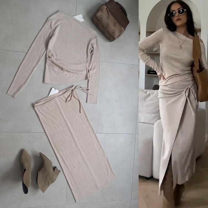 Zara komplet z wiskozą s 36 top spódnica beżowy