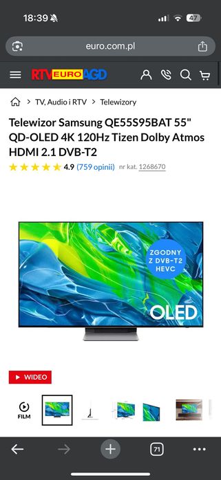 Telewizor Samsung 55” OLED, QD-OLED 4K UHD stan idealny