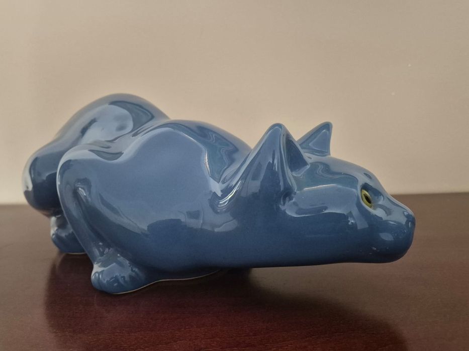 Duży, niebieski  kot ceramika, ręczna robota