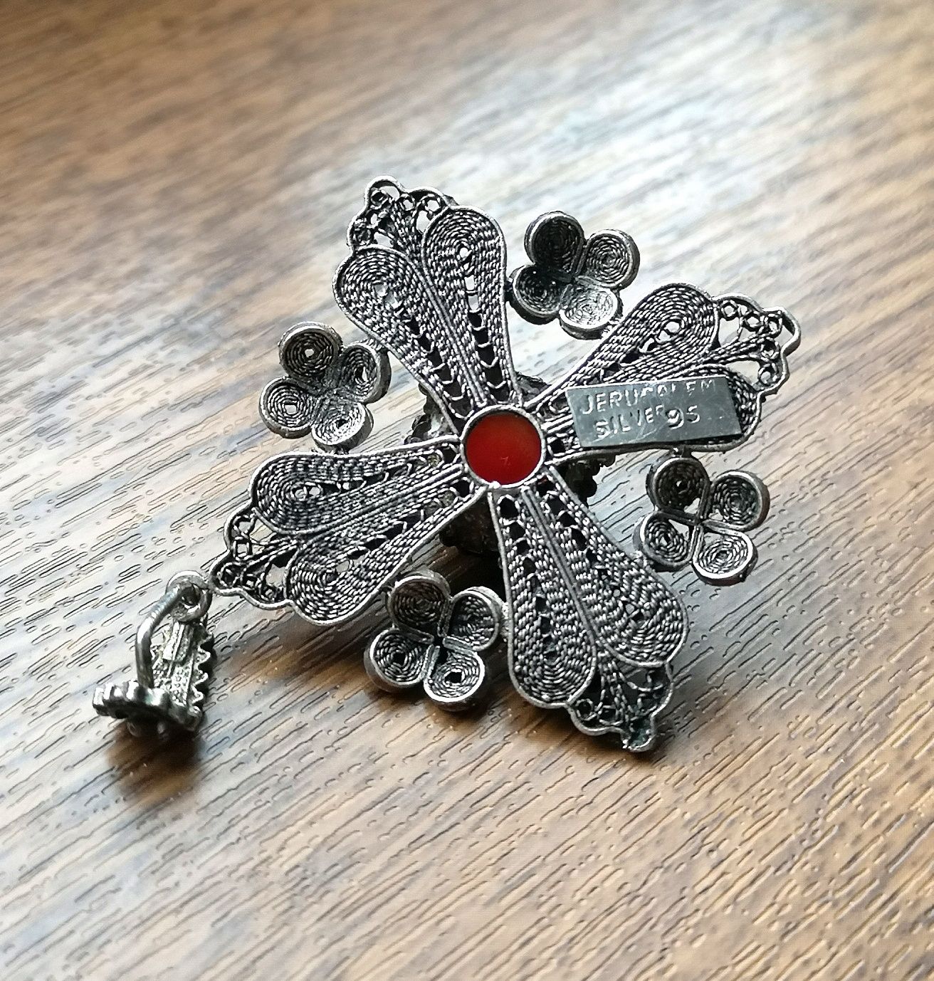 śliczna dawna filigranowa srebrna zawieszka wisior karneol srebro
