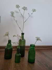 Zestaw butelek vintage wazoników zielone szkło