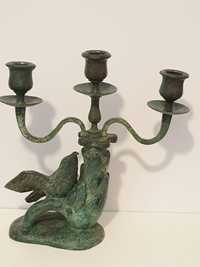 Antigo castiçal  de 3 lumes em bronze com pássaro