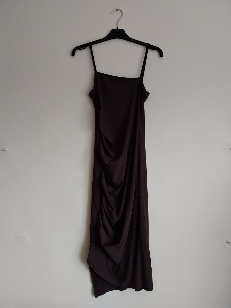 Dopasowana satynowa brązowa długa sukienka suknia maxi rozmiar XS/34