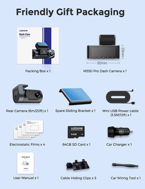 Kit 2 Câmaras Dashcam 4K e Retaguarda com Cartão Azdome M550 Pro WiFi