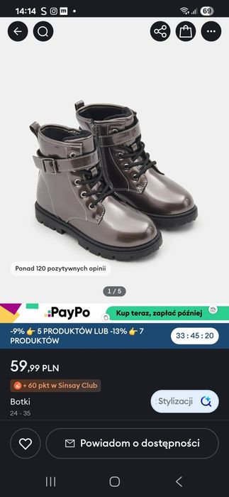Botki Sinsay 30 ocieplane dla dziewczynki. Stalowe