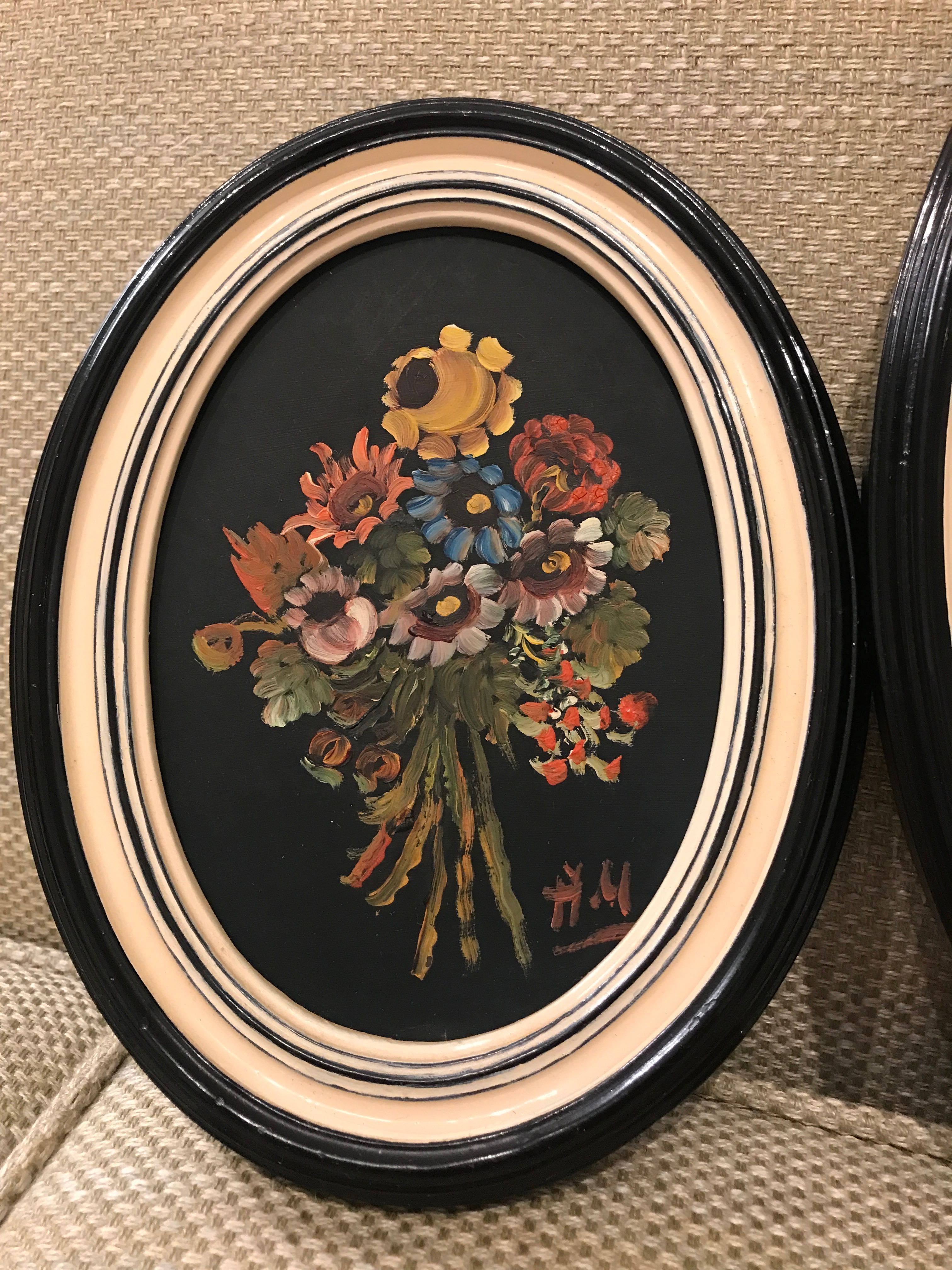 Conjunto 3 quadros florais a óleo ovais (vintage/antigos)