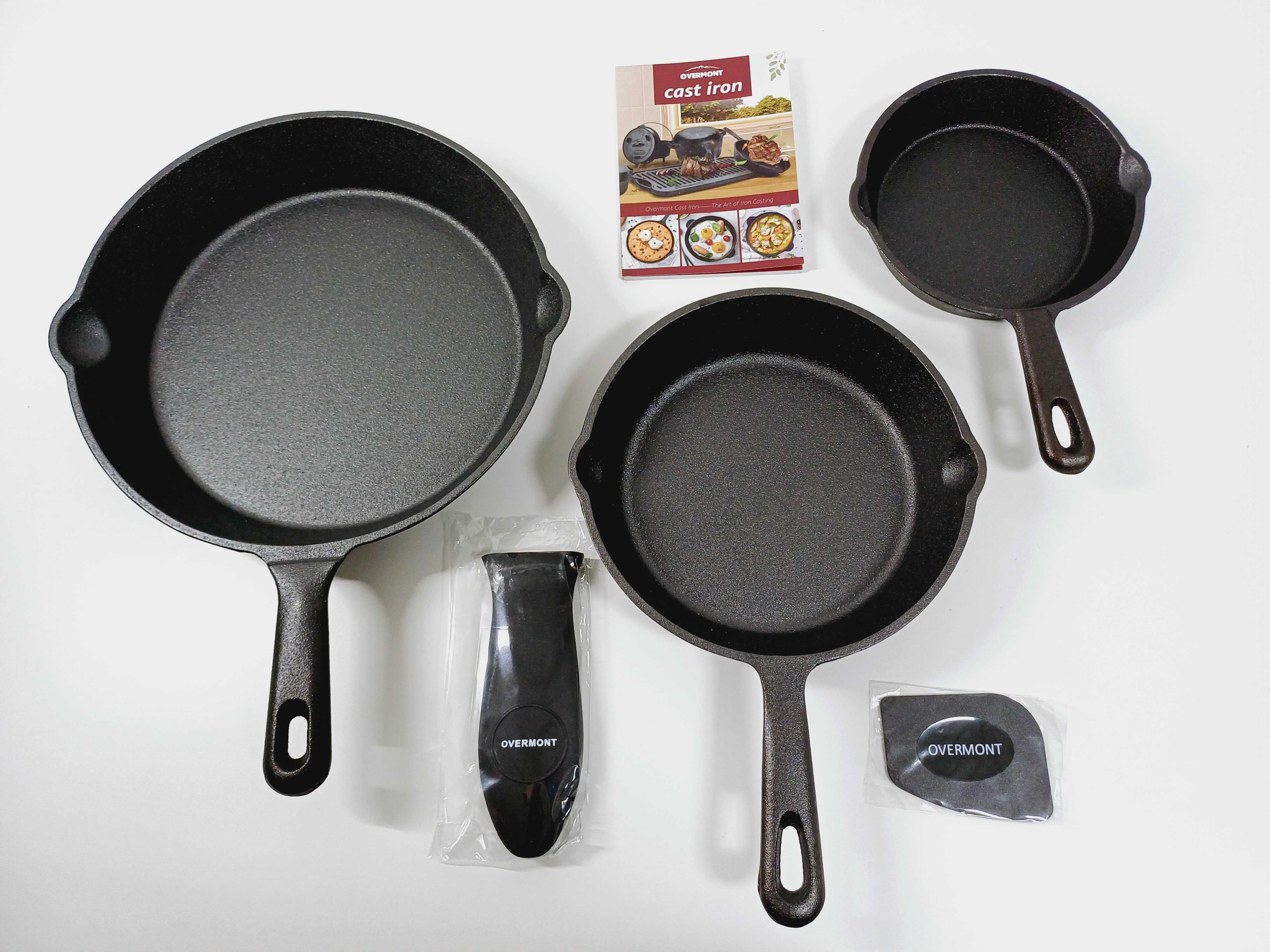 Patelnia Żeliwna CAST IRON zestaw 3 sztuk patelni 23,18,14 cm + osłona