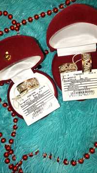 Комплект серьги и кольцо серебро с золотыми пластинами новыйн