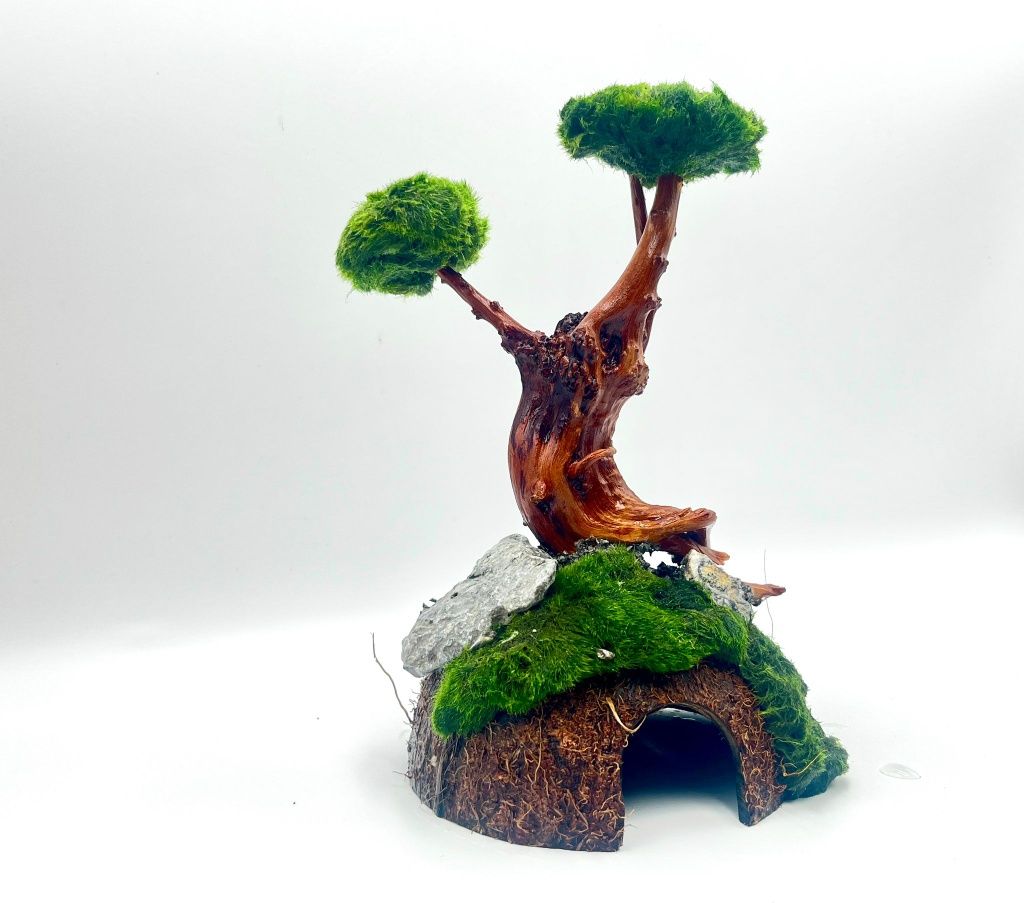 Piękna Ozdoba Aranżacja do Akwarium Drzewko Bonsai z Grotą