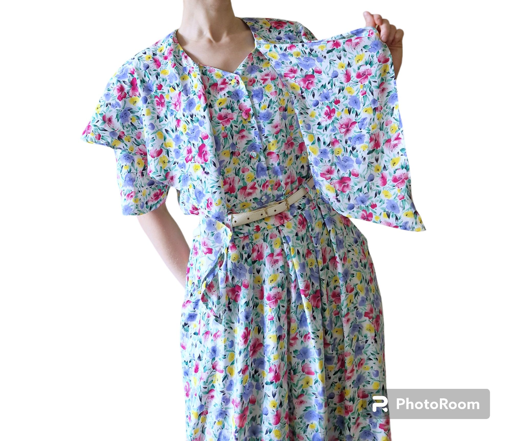 Zestaw vintage 80s koszula + spódnica midi kwiaty