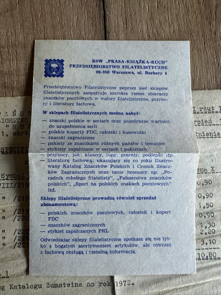 Filatelisyka specyfikacja abonamentowa 1972 rok PPF Ruch