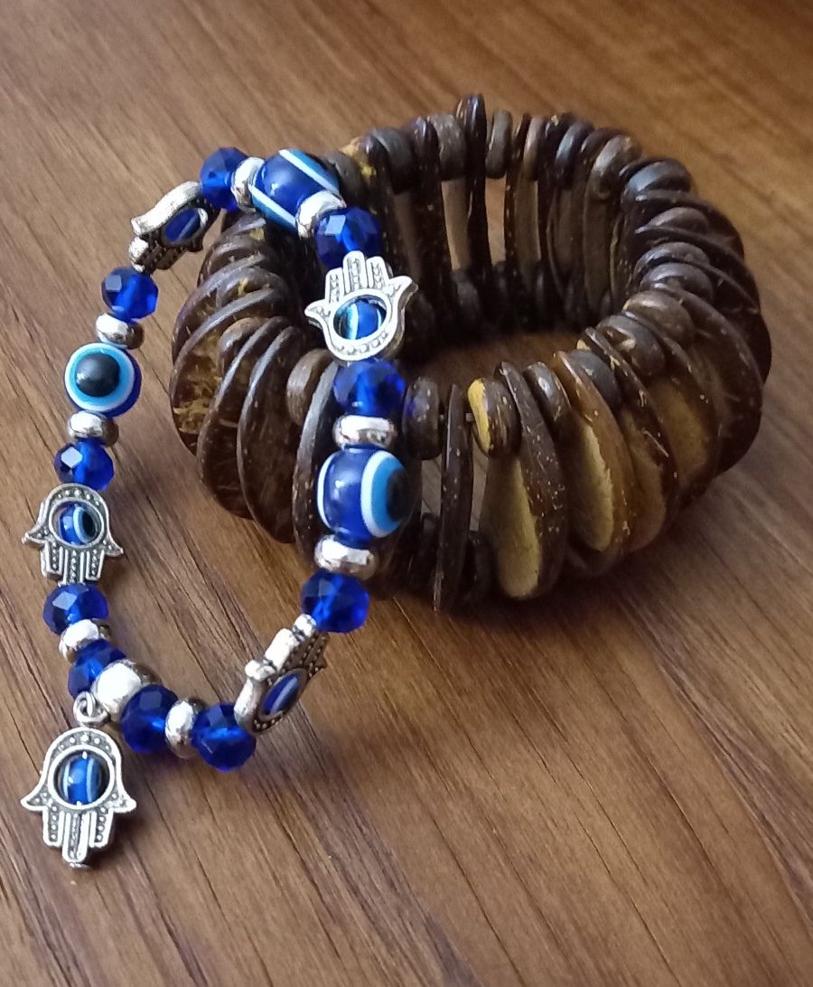 Pulseira elastica em casca de côco + Pulseira olho turco - como Novas