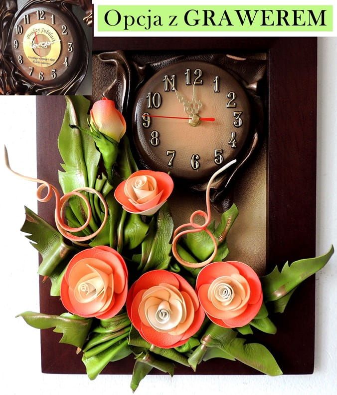 Obraz skórzany + zegar i kwiaty - oryginalny design + DEDYKACJA grawer