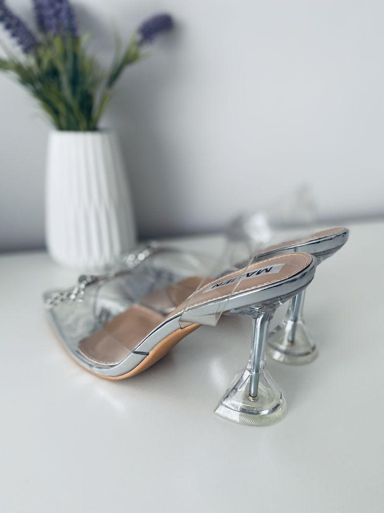 Buty na obcasie szpilki transparentne sandały z kokardką