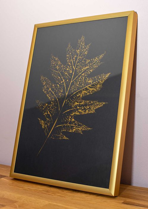 Obraz Botaniczny. Plakat w stylu Glamour. Złoty Liść Dębu ramka Alu A4