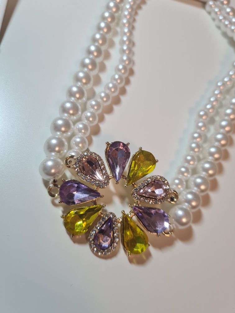 Zestaw biżuterii naszyjnik + kolczyki kryształy diamenty perły