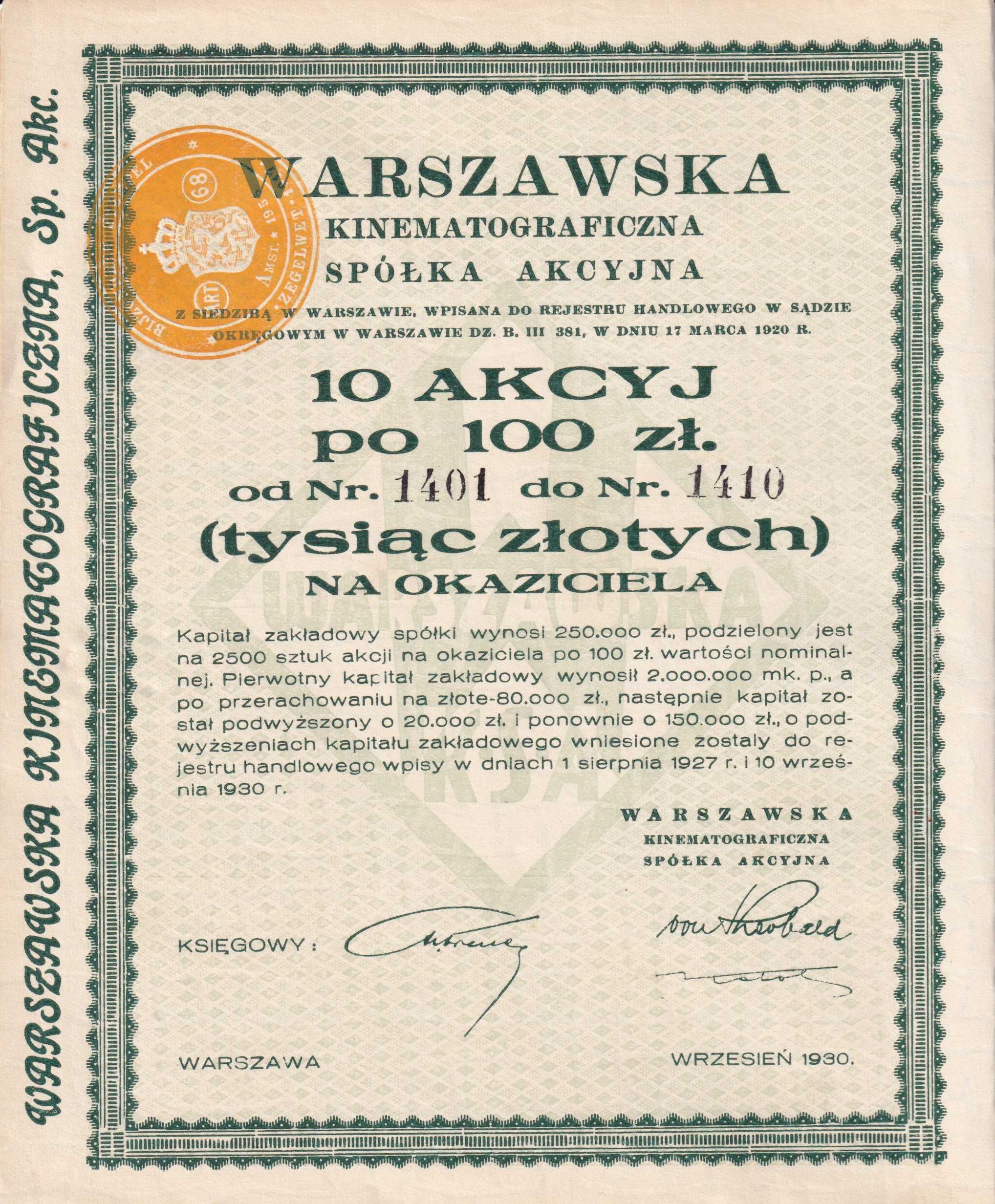 Warszawska Kinematograficzna Sp. Akcyjna 10 akcji 100zł 1930r. orginał