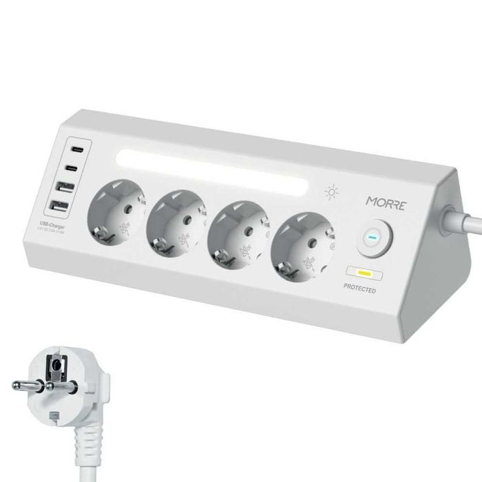 Kутовий подовжувач 3680 Вт, 4×AC + 4×USB, LED-нічник, кабель 2 м